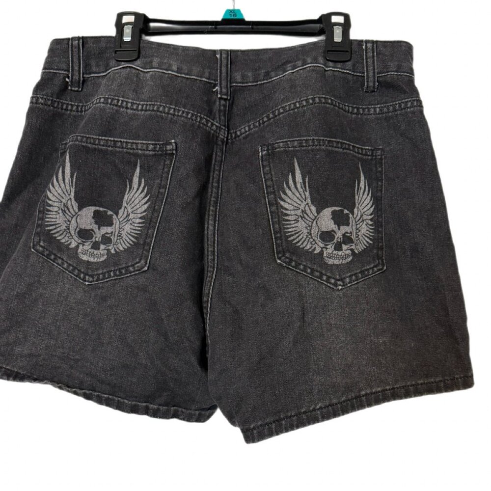💥🚀💥Romwe Denim Shorts XL Black Skull Graphic High Waisted Y2K Edgy Goth Style - Picture 3 of 4